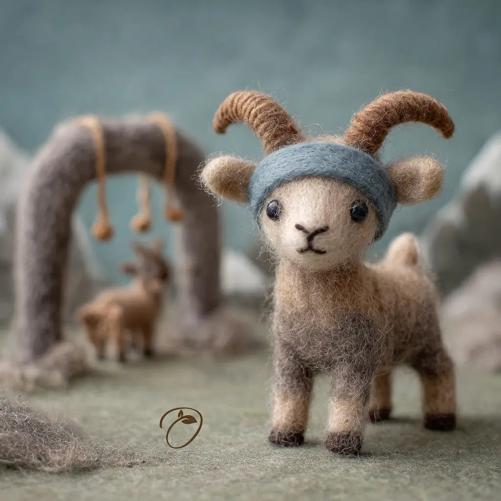 Felted toy goat wearing a blue hat with a mountainous background