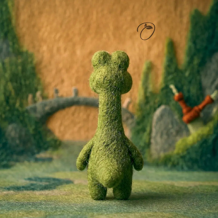 Green textured creature standing in a fantasy landscape with a bridge and trees.
