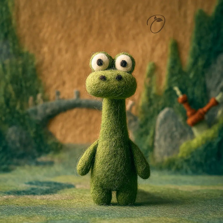 Green plush dragon toy in a fantasy landscape with a bridge and trees.