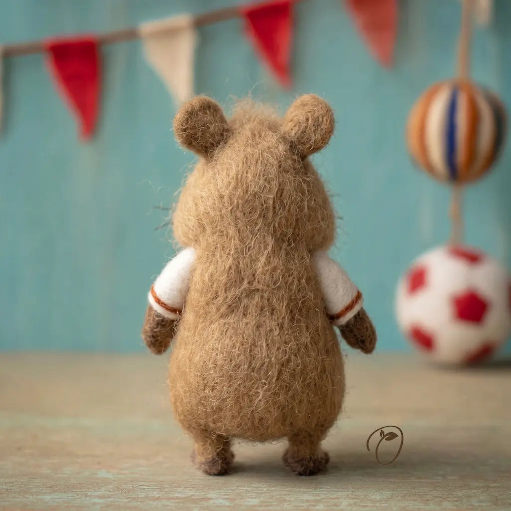 Brown plush toy resembling a mouse with a white shirt and red sleeves, standing on a wooden surface with a colorful background.