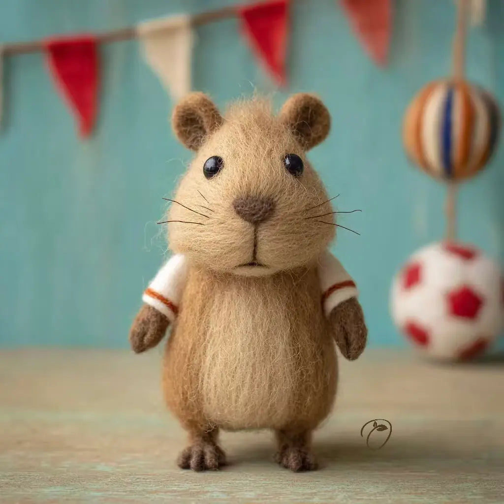 Felt animal resembling a rodent with a white shirt and brown gloves, standing on a wooden surface with a colorful background.