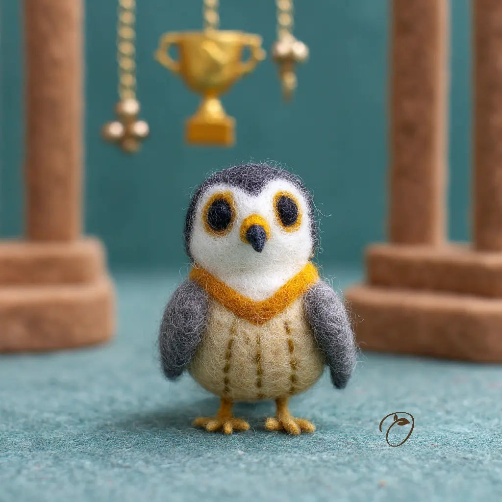 Small owl figurine with a yellow scarf standing on a blue surface with decorative columns in the background.