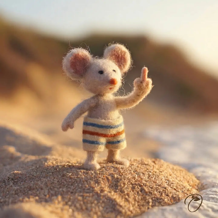 Toy mouse in a striped swimsuit standing on sand with a blurred beach background