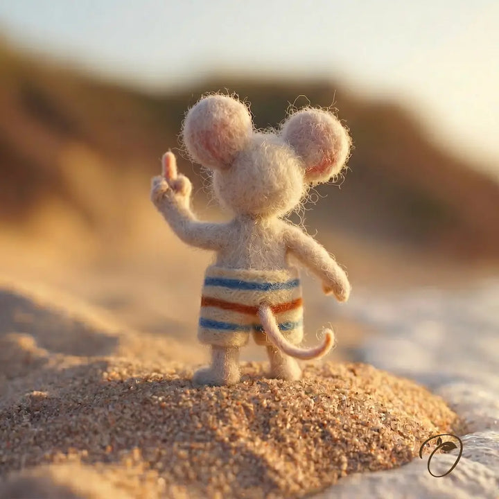 Toy mouse in a striped swimsuit standing on sand with a blurred beach background