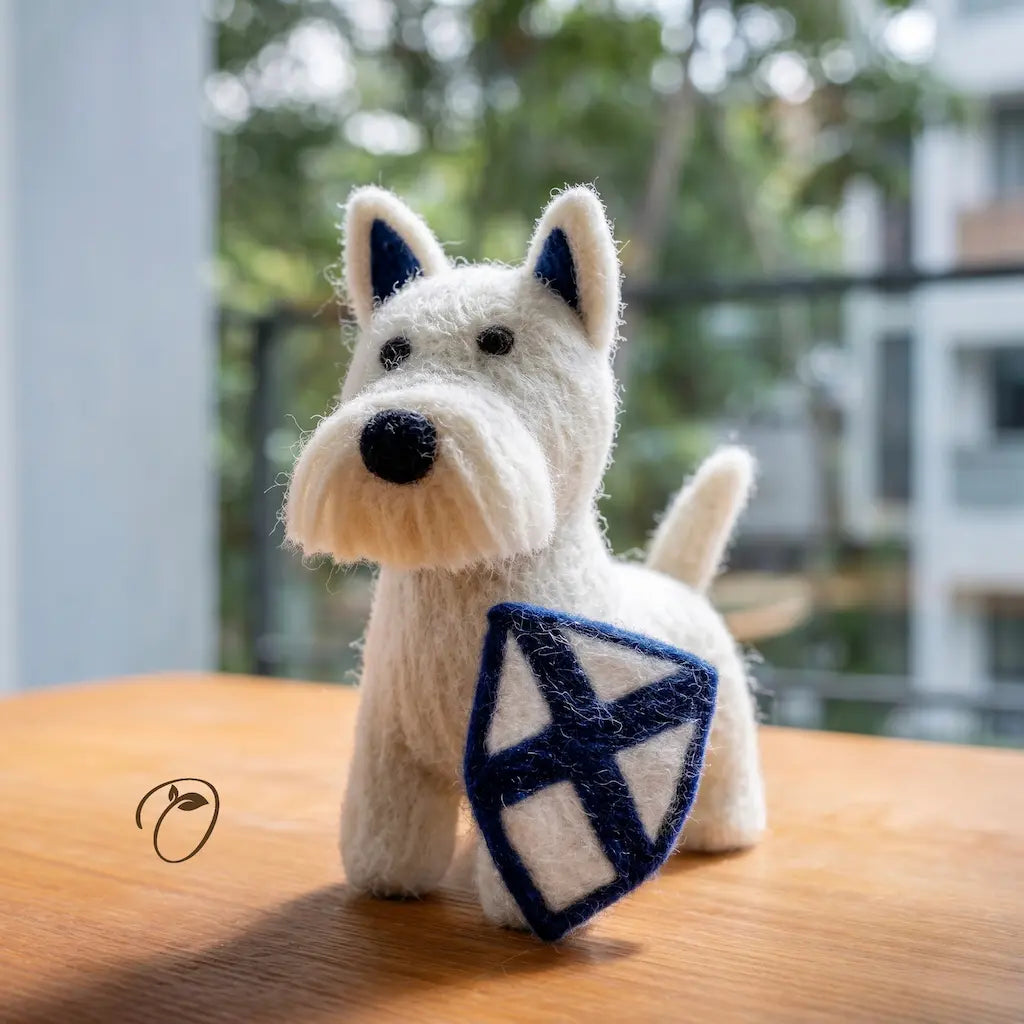 White dog figurine with a blue and white pattern on a wooden surface