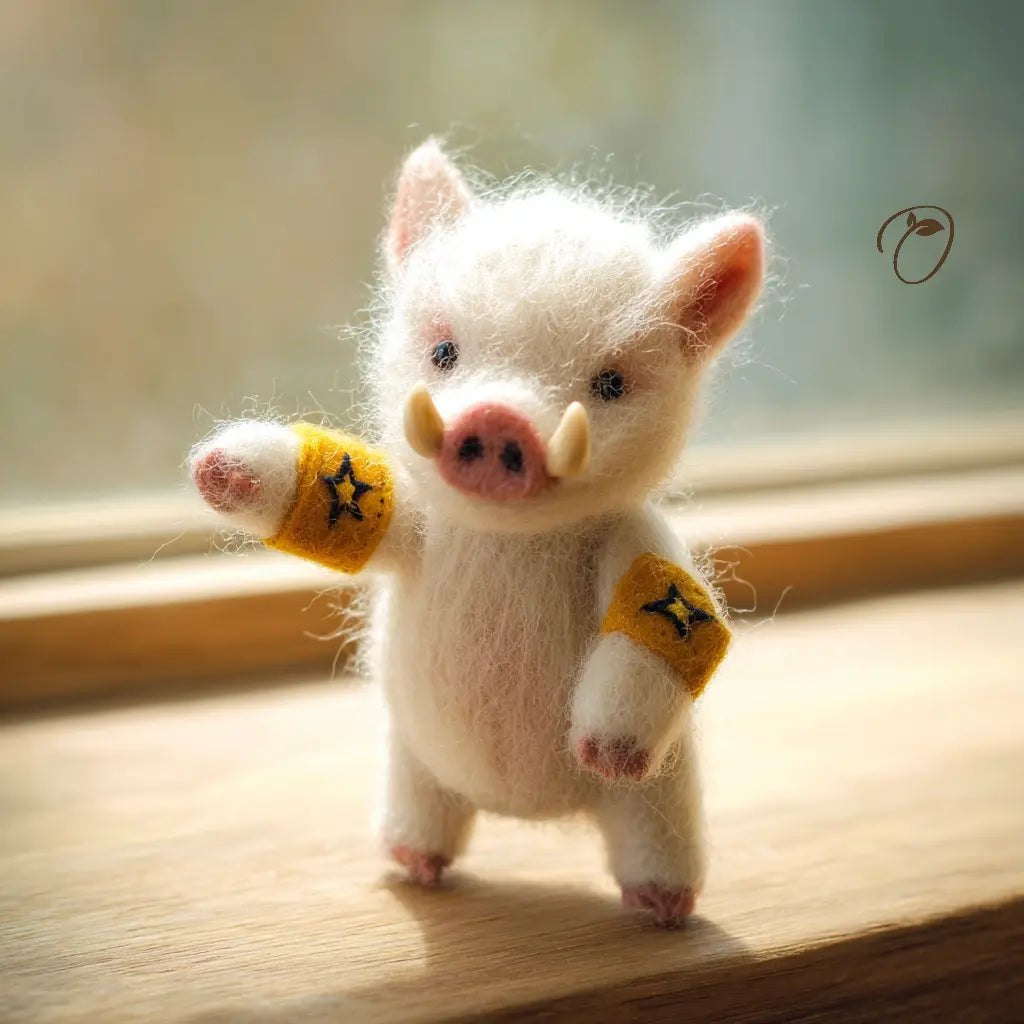 Small felted pig figurine with yellow arm bands on a wooden surface
