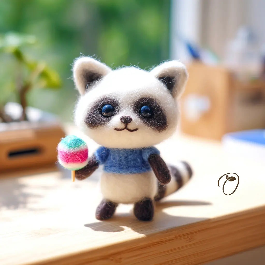 Stuffed toy panda holding a colorful lollipop on a wooden surface with a blurred background