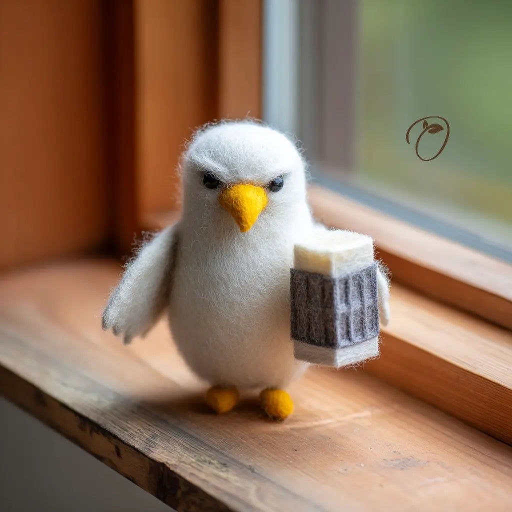 Plush toy penguin holding a book on a wooden surface with a window in the background