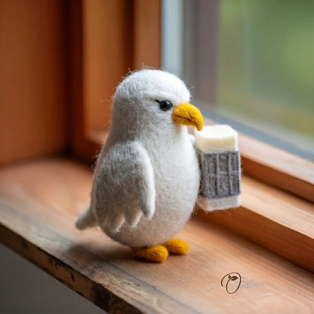 Felted penguin holding a small striped container on a wooden surface