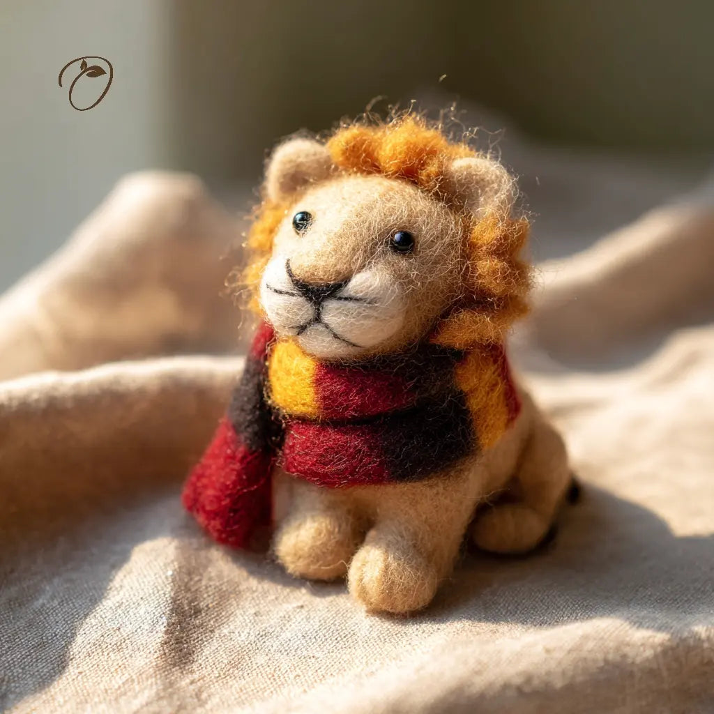 Small lion figurine wearing a scarf on a textured surface