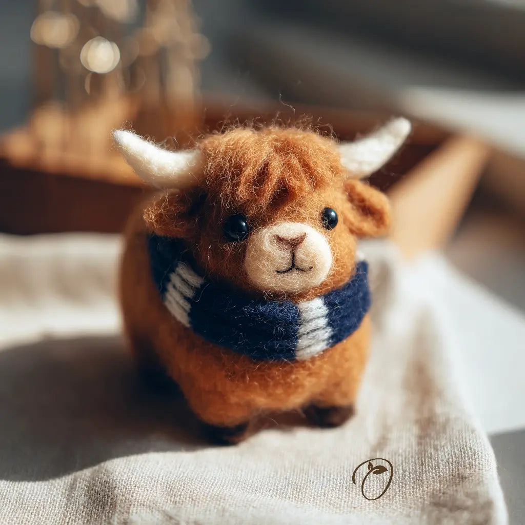 Stuffed animal wearing a blue scarf on a textured surface