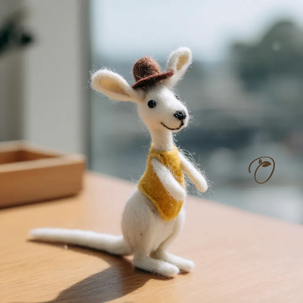 White animal figurine wearing a brown hat and yellow vest on a wooden surface with a blurred natural background.