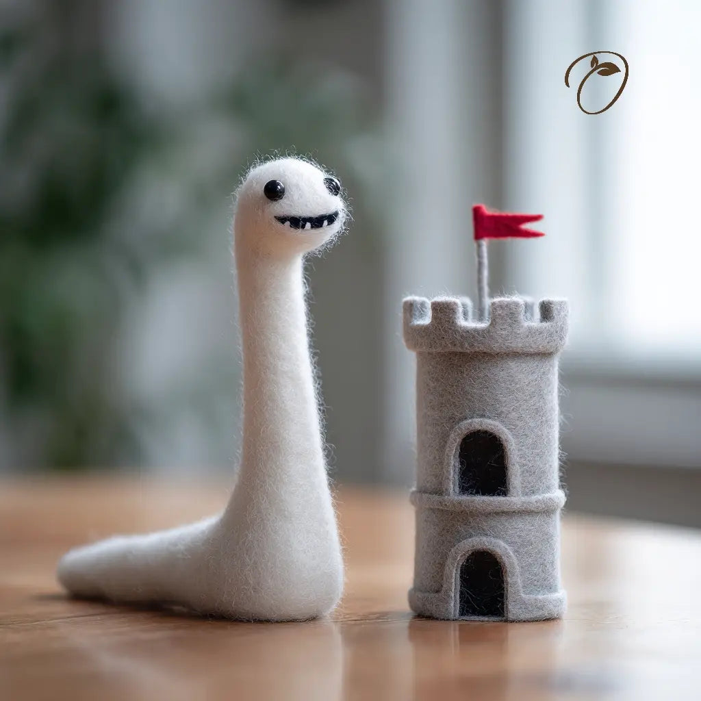 Felted toy dragon and castle with a red flag on a wooden surface