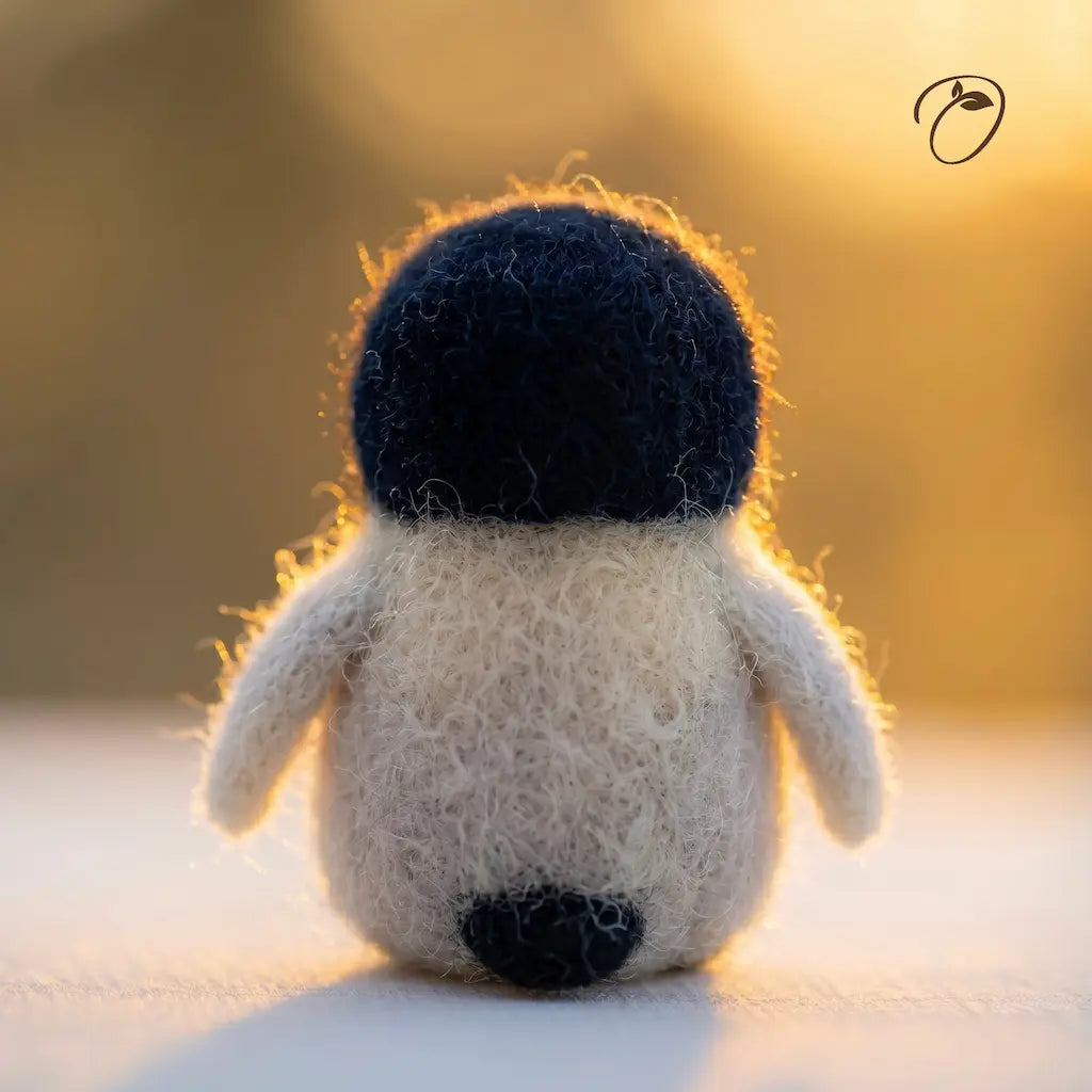 Small plush toy resembling a sheep with a dark blue hat on a blurred natural background
