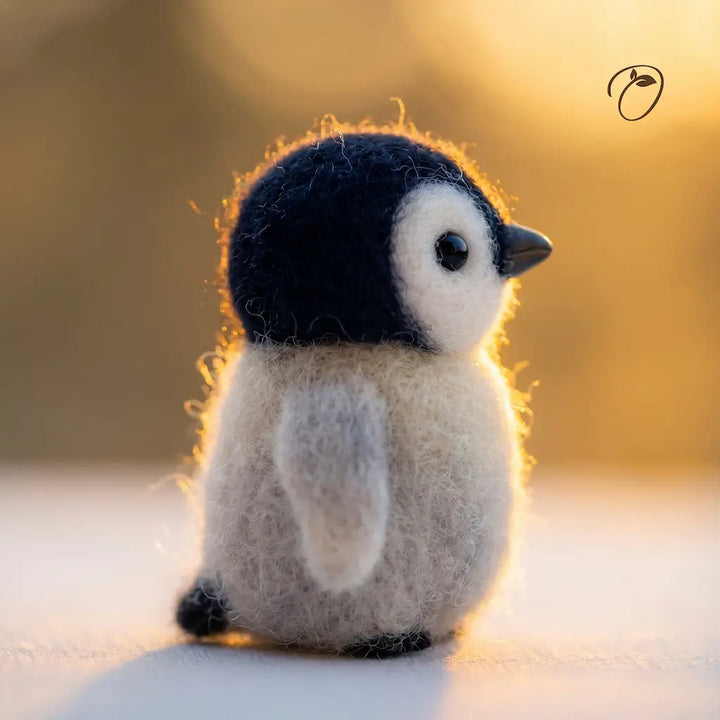 Felted penguin toy with a blurred warm background