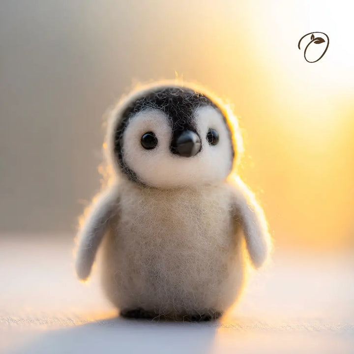 Stuffed penguin toy with a warm glow on a blurred background