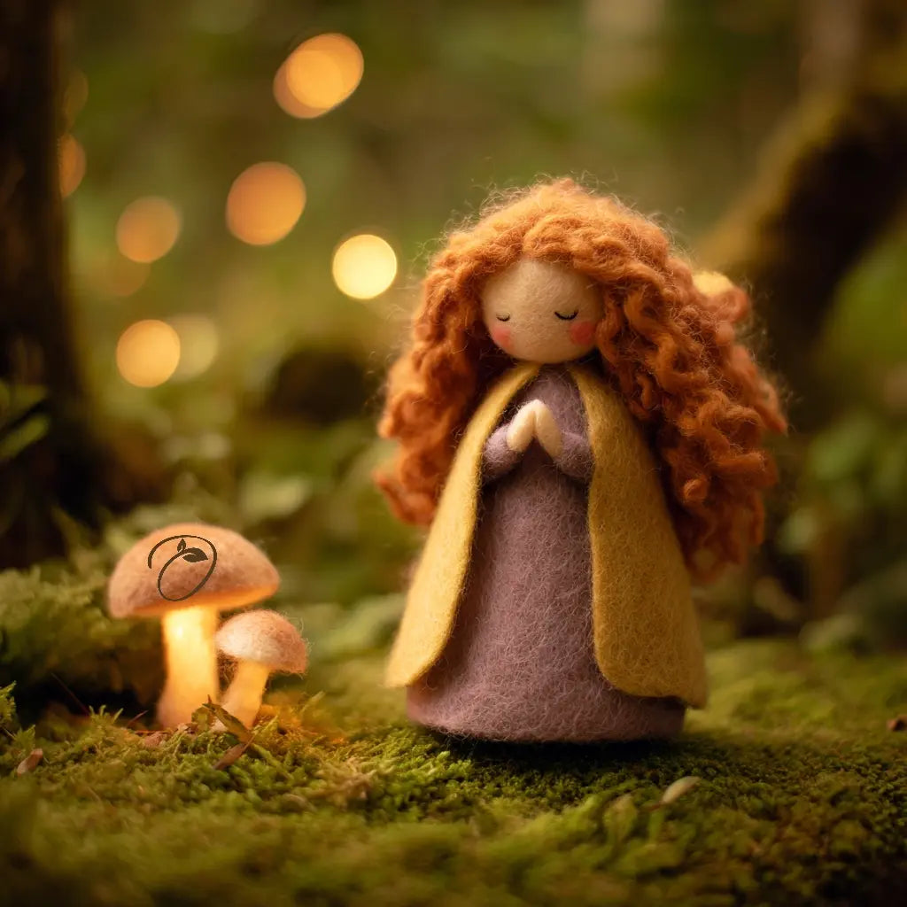 Felted doll with red hair and a yellow scarf standing in a forest with glowing lights in the background.