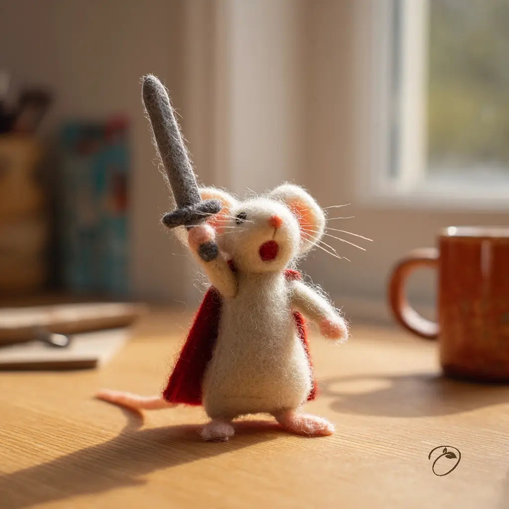 Felted mouse figurine with a sword on a wooden surface with a cup in the background