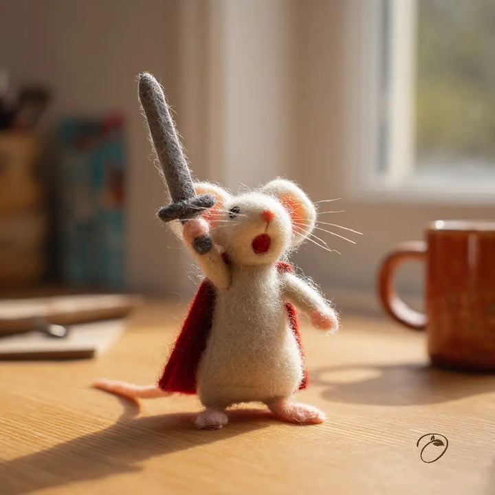 Felted mouse figurine with a sword on a wooden surface with a cup in the background