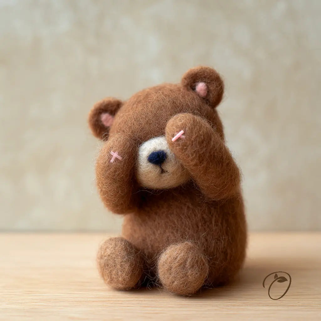 Brown teddy bear with a sad expression on a wooden surface and beige background