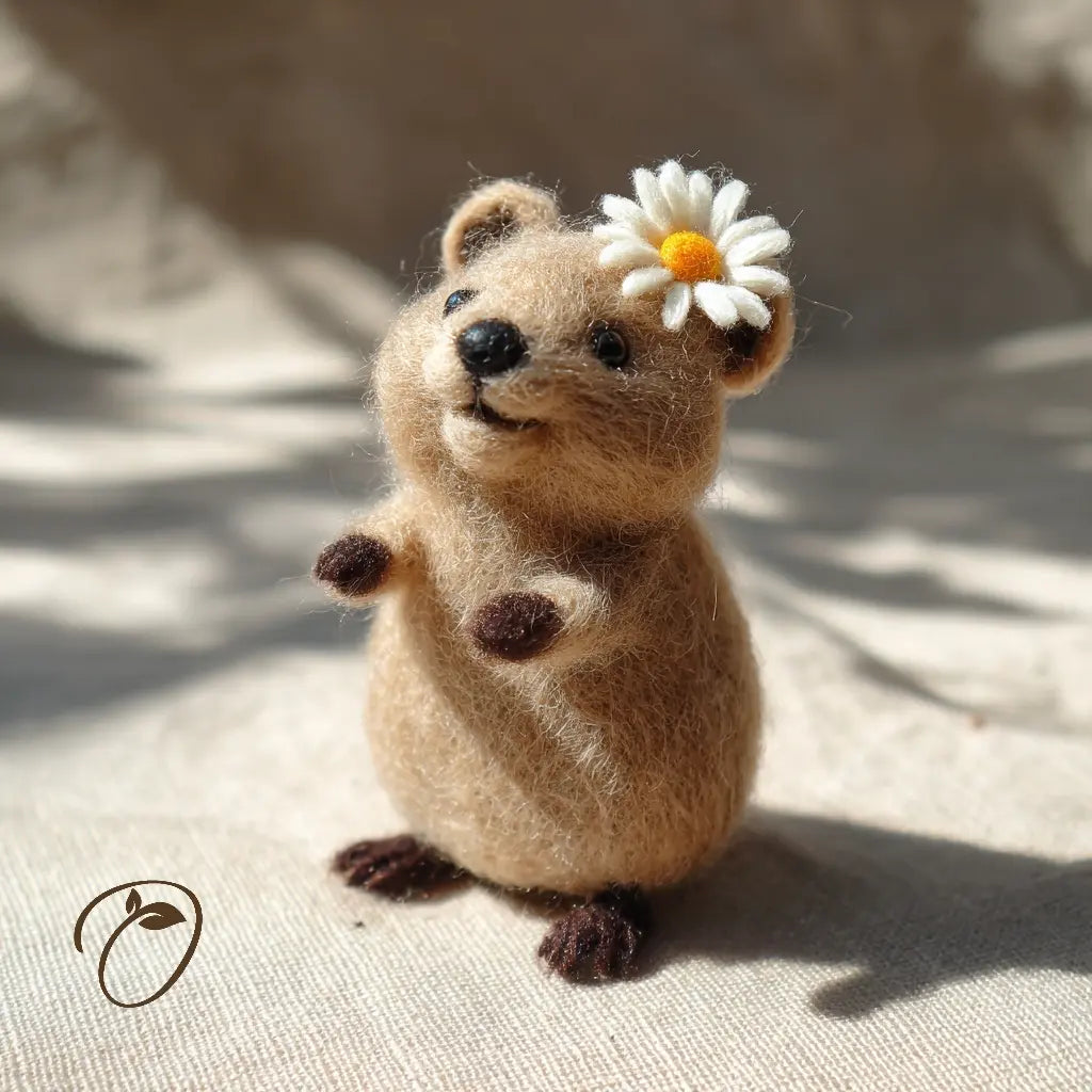 Felted animal figurine with a flower on its head against a neutral background