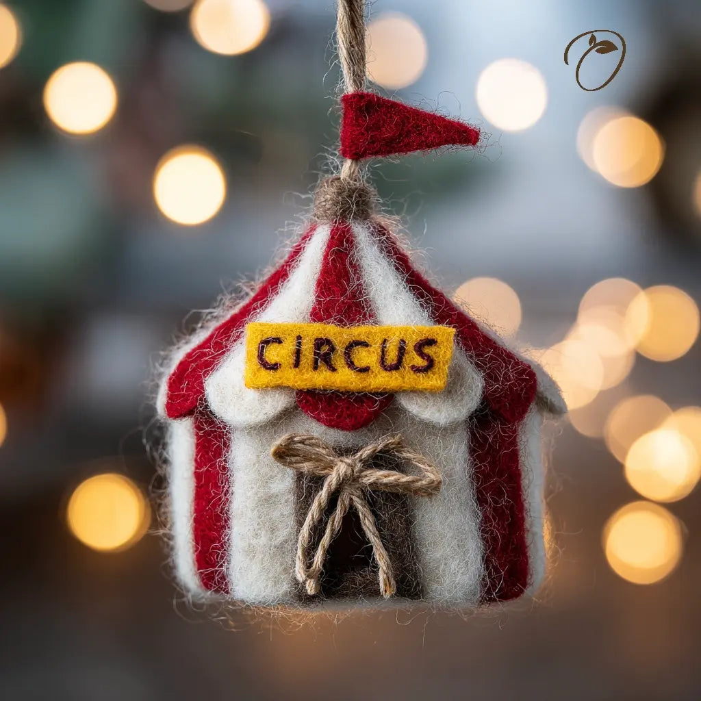 Decorative ornament of a circus tent with a 'Circus' sign against a blurred light background