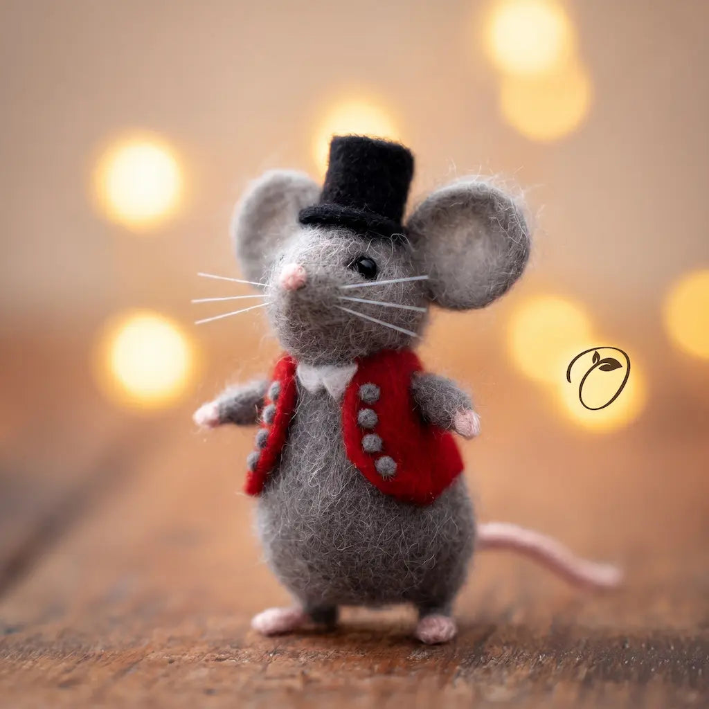 Felted mouse toy wearing a top hat and red vest on a wooden surface with a blurred light background