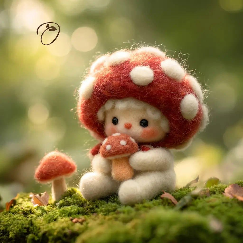 Toy figure of a character with a red and white mushroom hat sitting on a mossy surface.