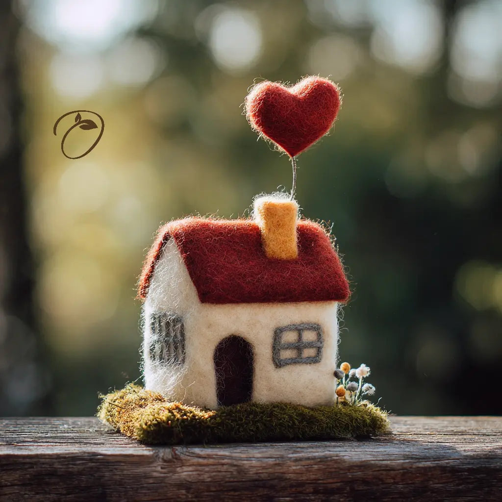 Small felt house with a red roof and heart on top, placed on a wooden surface with a blurred natural background.