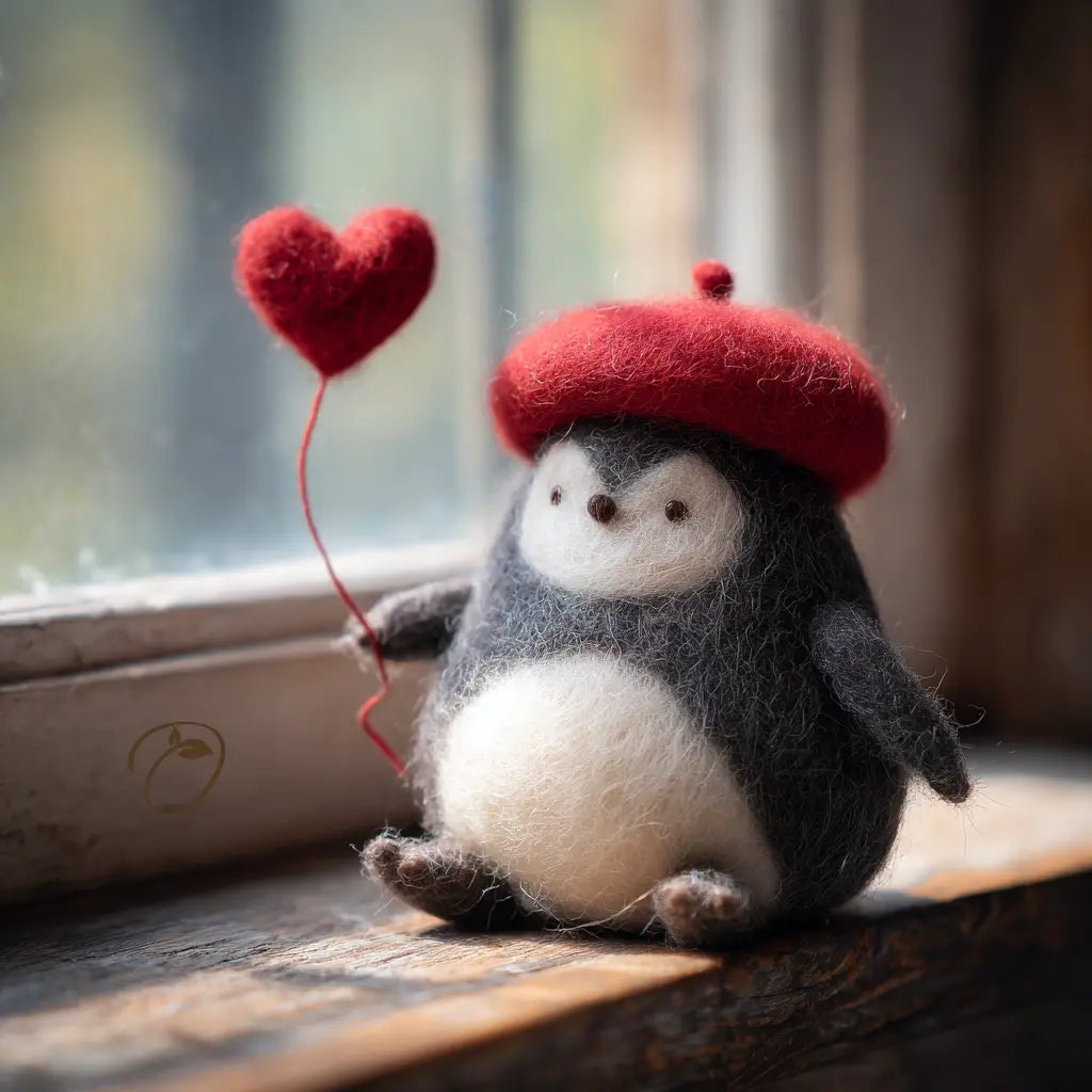 Toy penguin wearing a red hat with a heart on a wooden surface