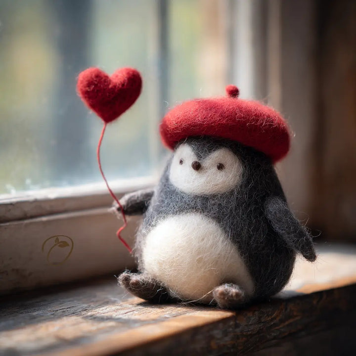 Toy penguin wearing a red hat with a heart on a wooden surface