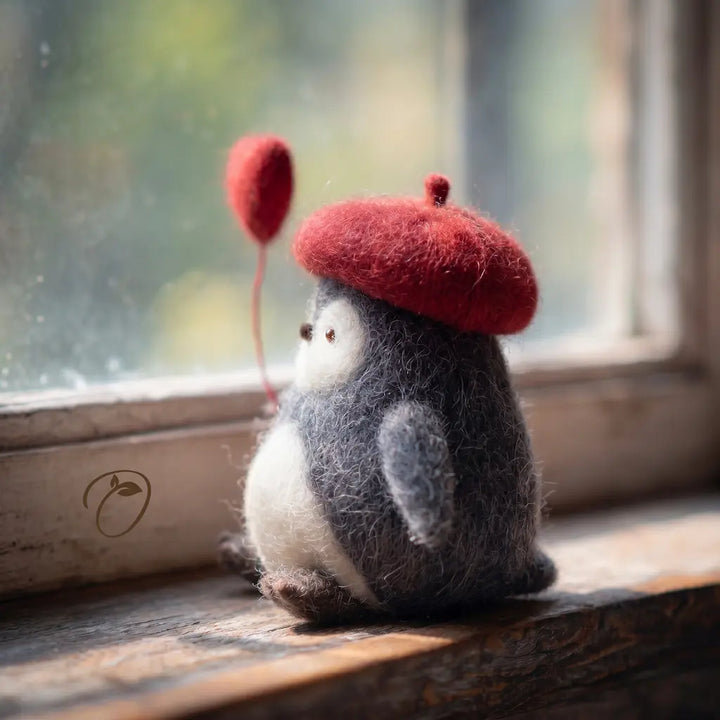 Small felted animal wearing a red beret sitting on a wooden surface with a blurred natural background.