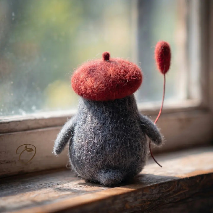 Small plush toy with a red hat and long ear on a wooden surface near a window.