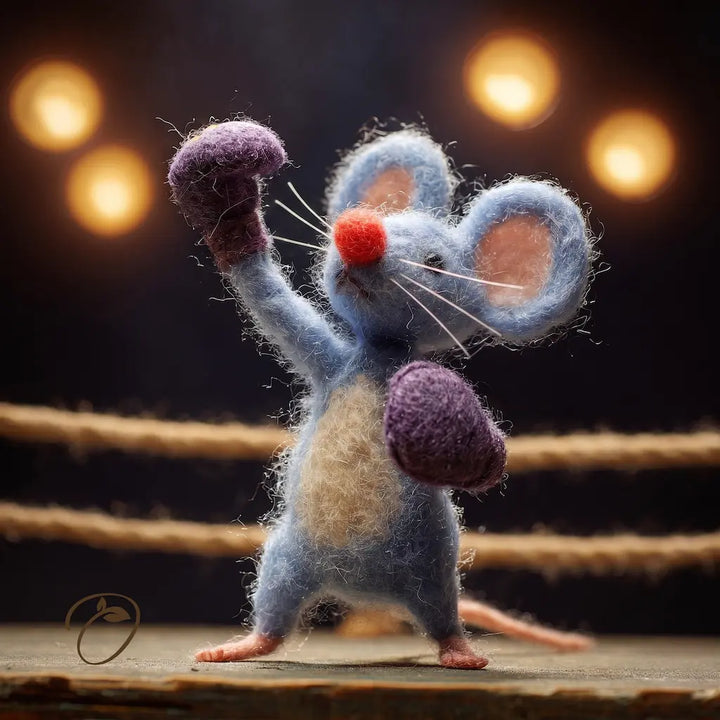 Felted mouse with boxing gloves in a boxing ring