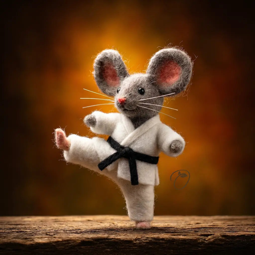 Toy mouse in a karate outfit with a black belt on a wooden surface and brown background