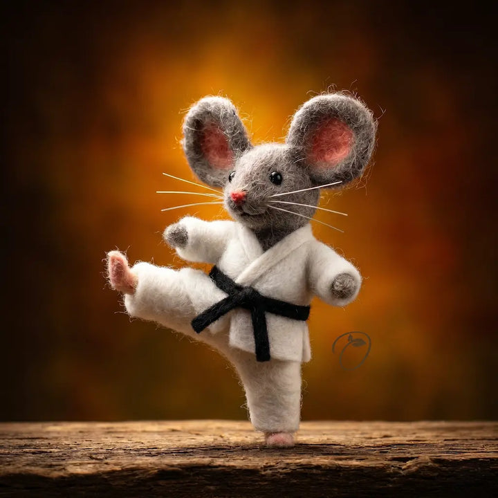 Toy mouse in a karate outfit with a black belt on a wooden surface and brown background