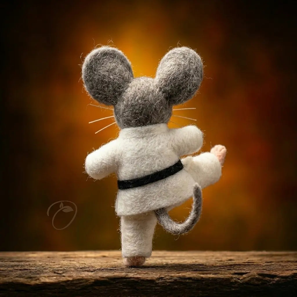 Felted mouse toy in a white kimono with a black belt on a wooden surface.