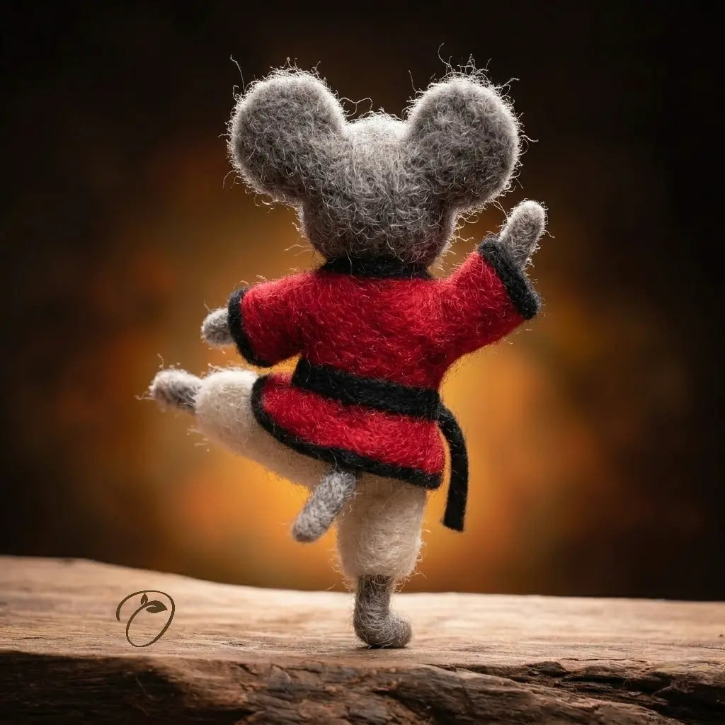 Small mouse figurine in a red coat standing on a wooden surface with a warm gradient background