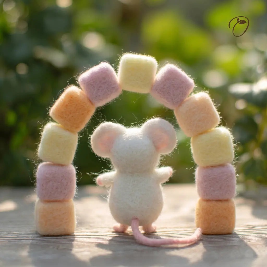 A small white felt mouse stands in front of a pastel felt arch made of soft pink, yellow, and peach blocks, photographed outdoors on a wooden surface with a blurred green garden background.