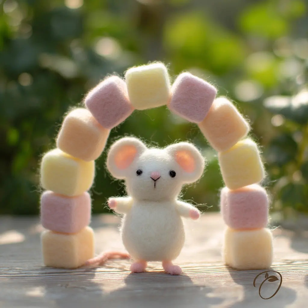 A small white felt mouse stands in front of a pastel felt arch made of square blocks in pale pink, cream, and peach, photographed outdoors on a wooden surface with blurred green foliage in the background.