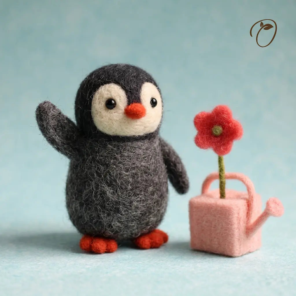 A cute felt penguin figurine with a gray body, white face, orange beak and feet, standing next to a pink felt watering can holding a red flower, on a light blue background.