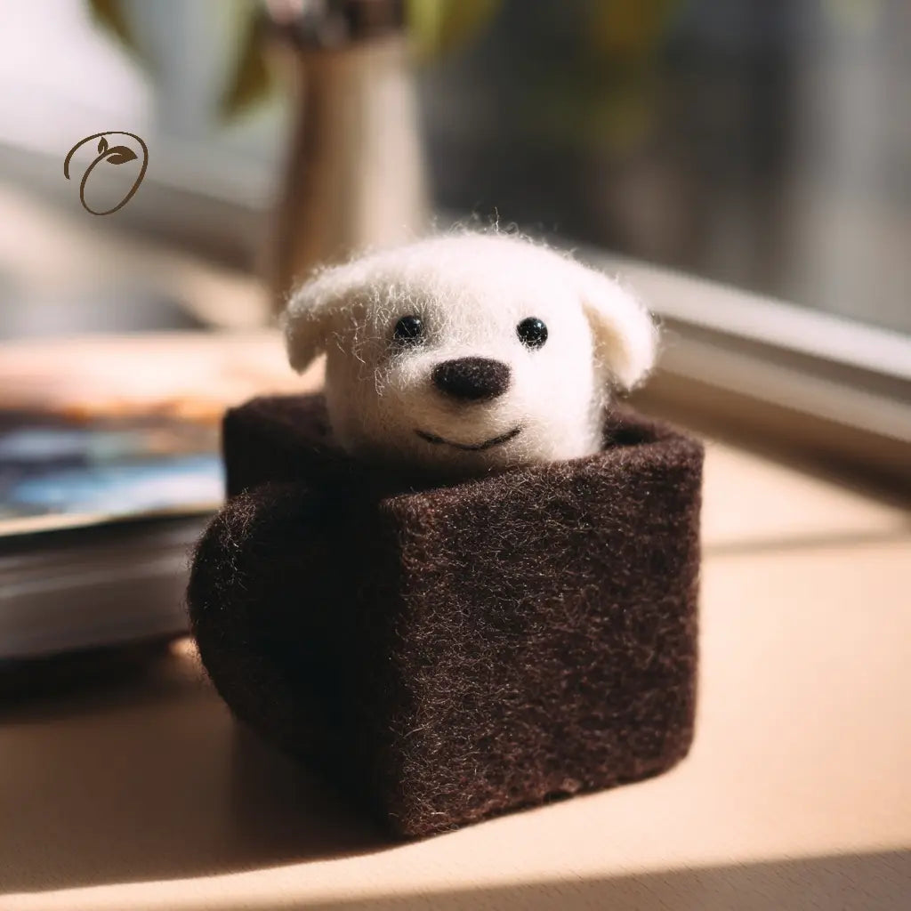 Small white teddy bear in a brown box on a wooden surface with a blurred background