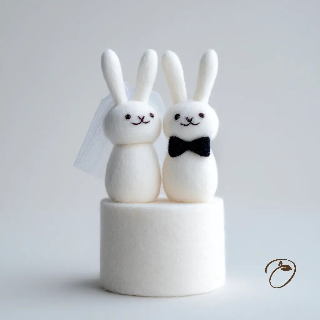 Two white rabbit figurines, one with a bow tie, on a gray background
