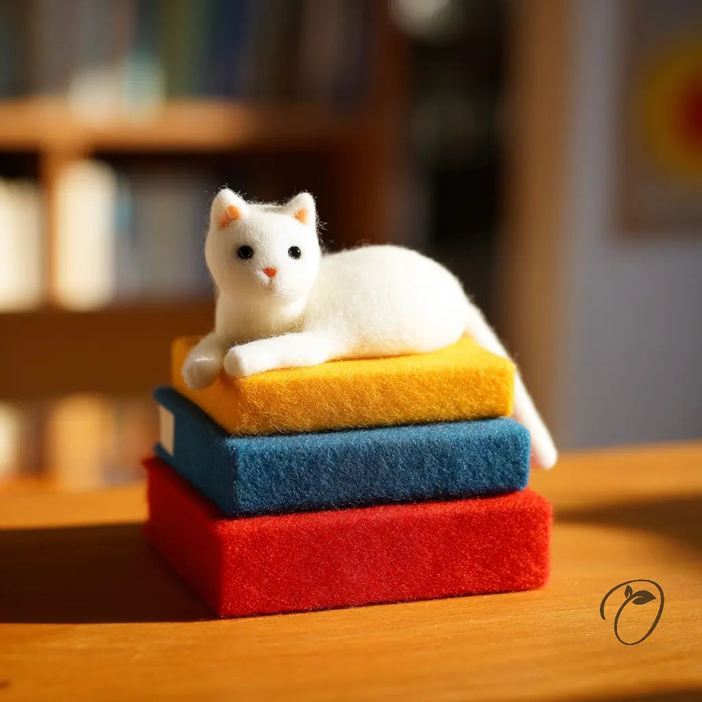 White cat figurine on colorful blocks with a blurred indoor background