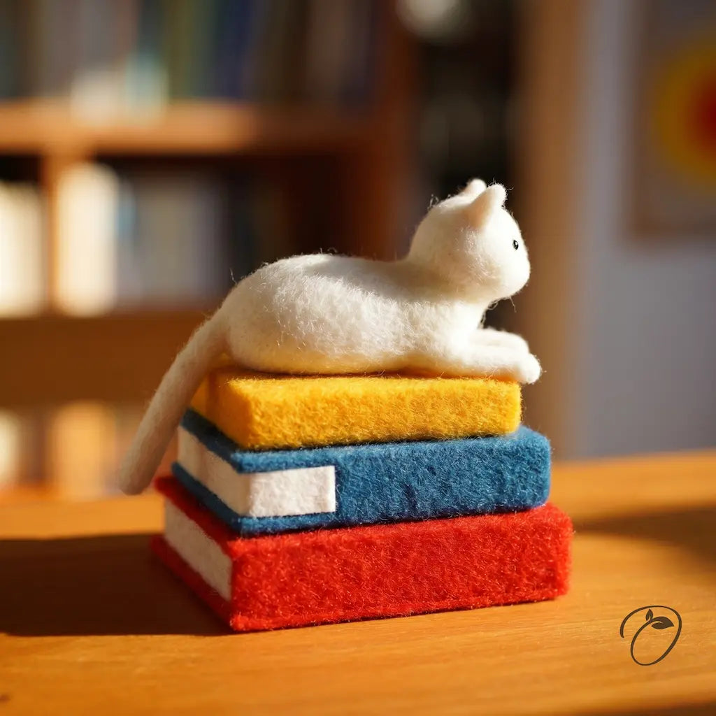 Stack of colorful felt books with a white cat figurine on top, set against a blurred indoor background.