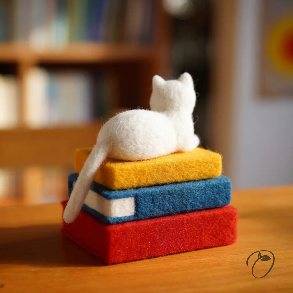 White cat figurine on a stack of colorful felt blocks with a blurred bookshelf in the background