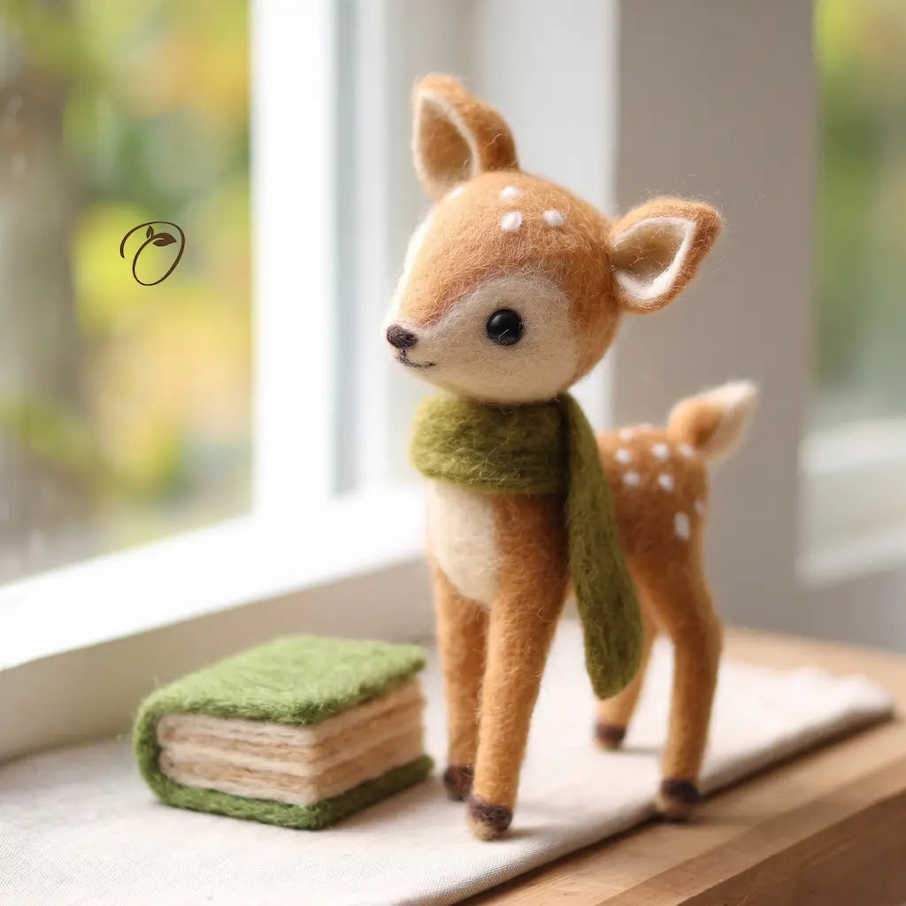 A felt needle art deer figurine wearing a green scarf, standing on a windowsill next to a small felt book, with a soft blurred background.