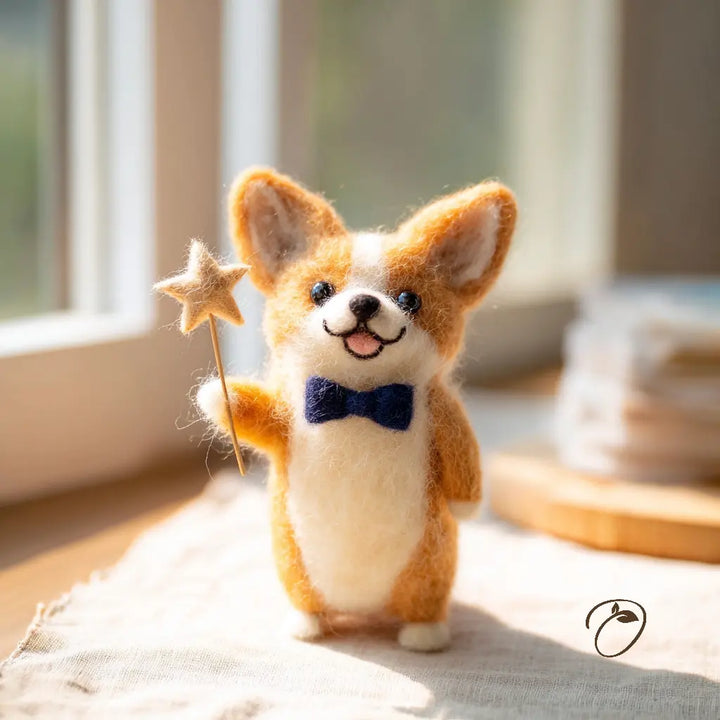 A small felt needle art dog figurine with orange and cream fur, wearing a dark blue bow tie and holding a star wand, standing on a light fabric surface near a softly blurred window.