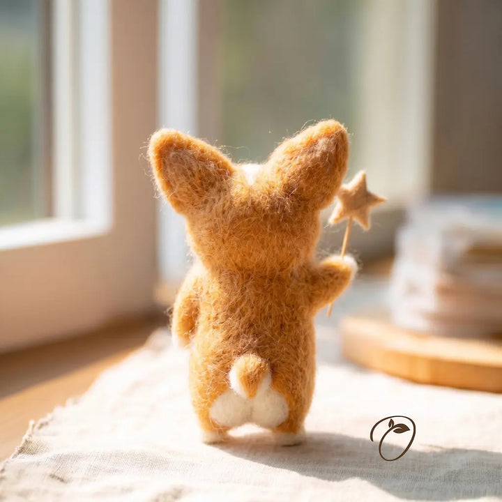 A small felted animal figurine, shown from behind, with golden-brown fur and a white tail and feet, holding a tiny gold star wand. It is standing on a light-colored fabric runner in a sunlit room near a window.