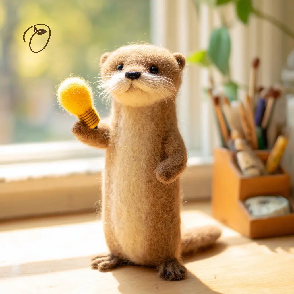 A needle-felted otter figurine stands on a wooden surface near a window, holding a yellow light bulb. The otter has brown and beige fur, with a small black logo in the upper left corner.